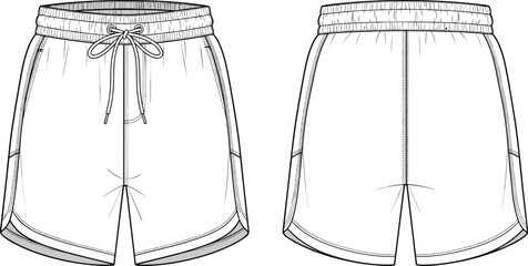 Front and back view technical drawing of white athletic shorts with drawstring sports shorts