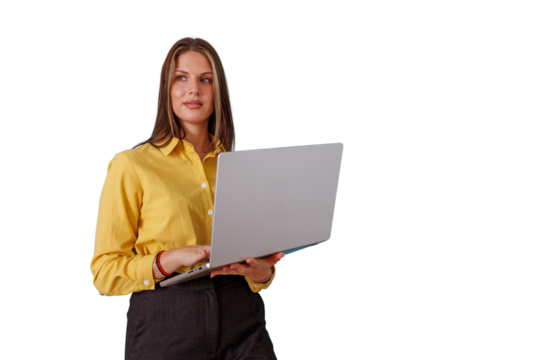 Businesswoman standing, holding a laptop, using technology for work, thinking about future strategies and growth on a transparent background