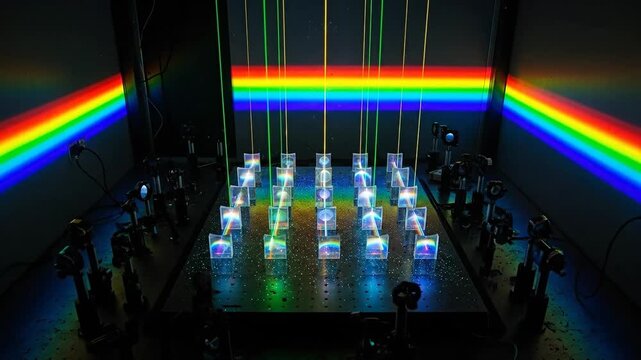 Scientific Experiment Setup Showing Light Spectrum Refraction Through Cubes With Laser Beams and Rainbow Colors Displayed On Dark Background