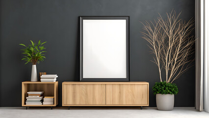 Modern interior cabinet with blank frame minimal decor and natural plants
