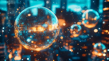 Futuristic Cityscape in a Luminous Digital Sphere with Bokeh Lights, Representing Global Technology and Innovation