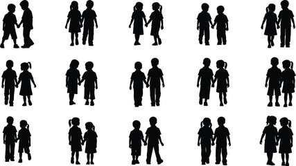 Multiple black silhouettes of children holding hands walking and standing black and white