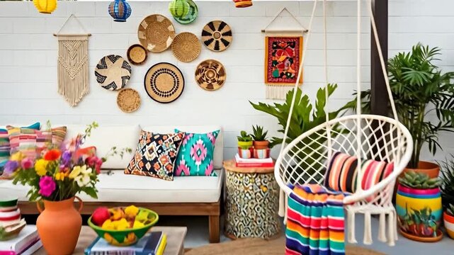 Bohemian Patio Oasis With Colorful Textiles Woven Baskets And Lush Greenery Outdoor Living Space