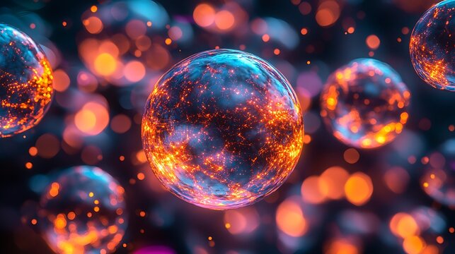 Abstract glowing blue spheres with interconnected orange light particles and vibrant bokeh background, symbolizing data, science, or network connections.