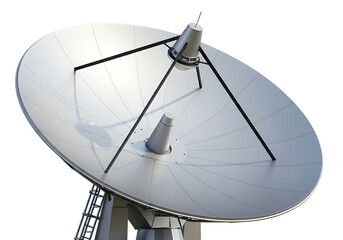Large silver satellite dish antenna with central receiver on a metallic mount isolated on transparent background