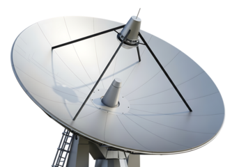 Large silver satellite dish antenna with central receiver on a metallic mount isolated on transparent background