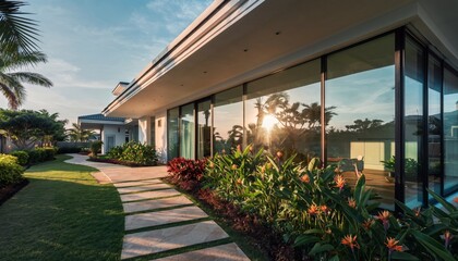 Modern Architectural Villa Featuring Large Reflective Glass Windows and Tropical Landscaping; Ideal for high-end luxury real estate listings, and architectural design portfolios