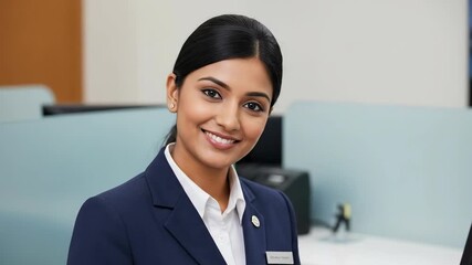 Professional receptionist smiling and greeting in modern office environment