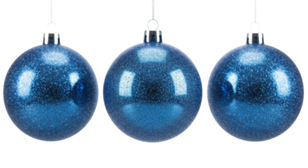 perfectly aligned row of three sparkling, highly reflective blue glass christmas baubles suspended by silver threads, isolated on transparent background with copy space. minimalist luxury holiday
