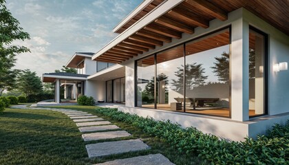 Contemporary Architectural Corridor Featuring Symmetrical Glass Facades and a Zen-Inspired Stone Path; Ideal for high-end architectural portfolios, and luxury real estate marketing