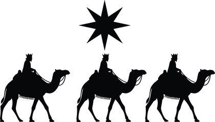 Three wise men on camels silhouette following a star vector