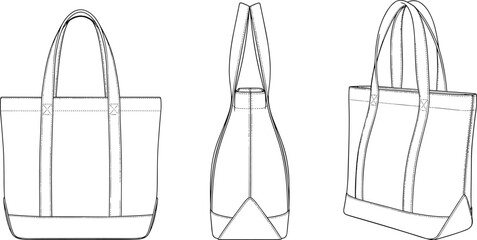 Three views of a black and white line drawing of a tote bag handbag accessory
