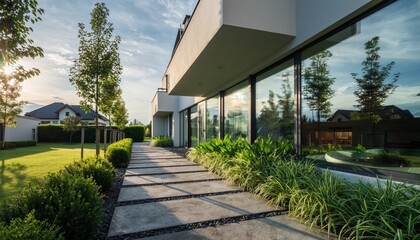 Modern Minimalist Luxury Villa with Glass Walls and Stone Walkway; Ideal for high-end real estate listings, architectural design portfolios, and premium landscaping inspiration.