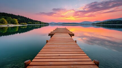 Fototapeta premium Sunset Pier Vista: A serene lake reflecting a vibrant sunset, with a wooden pier extending into the calm water, offering a peaceful and scenic view.