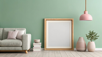 Minimal living room interior with empty wooden frame pastel decor and soft lighting
