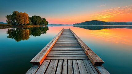 Obraz premium Tranquil Dock Sunset: A serene wooden dock stretches out over calm, reflective water toward a vibrant sunset. The sky bursts with colors, and the entire scene exudes peace and stillness.