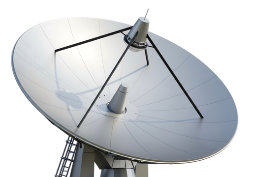 Large silver satellite dish antenna with central receiver on a metallic mount isolated on transparent background