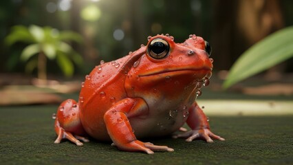 A vibrant red frog with black eyes and a white belly, sitting on a green surface with water droplets on its skin.