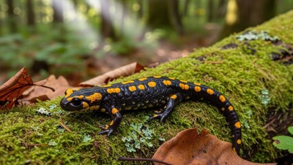Obraz premium A black and yellow spotted salamander on a mossy log in a forest.