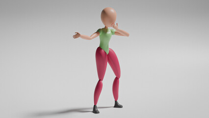3D Rendered Image of Basic Posed Figure Expressing Speechless Surprise, One Hand Covering Mouth and Other Hand Gesturing Outward, Isolated on Solid Background, 3D Rendered Image