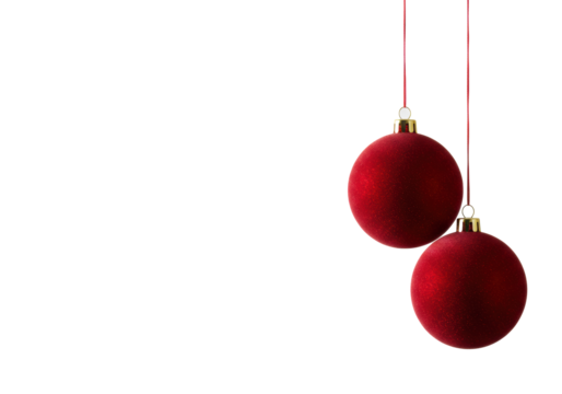 three suspended matte velvet-red christmas baubles close-up, isolated against a transparent background with copy space, razor sharp, minimalist holiday decoration concept - Powered by Adobe