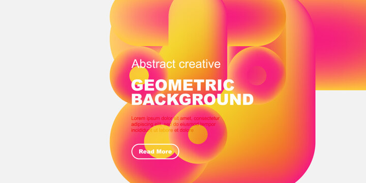 Vibrant abstract shapes overlap black background. Text promotes geometric design, includes call to action button. Modern, colorful presentation.