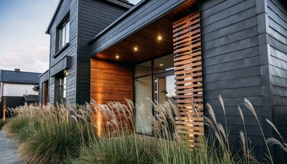 Contemporary Dark Siding Residence with Warm Wood Accents and Evening Lighting; Ideal for architectural design portfolios, luxury real estate marketing, and modern home exterior inspiration.