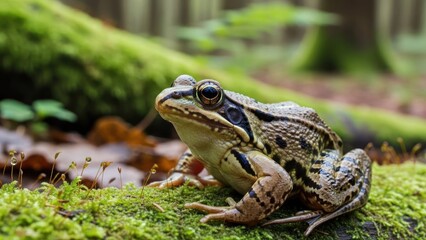 Obraz premium A frog sitting on a mossy log in a forested area.
