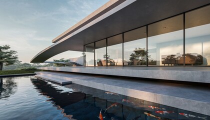 Ultra-Modern Minimalist Residence with Glass Walls and Reflecting Koi Pond; Ideal for high-end architectural design portfolios, luxury real estate marketing, and contemporary landscape inspiration.