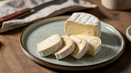 Earthenware plate with sliced medallions and a wedge of soft brie cheese topped with cracked black pepper on a rustic wooden table with knife and napkin a delicious appetizer snack