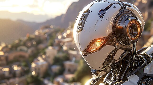Futuristic AI Robot Head with Glowing Eye Against Blurred Golden Hour City Landscape