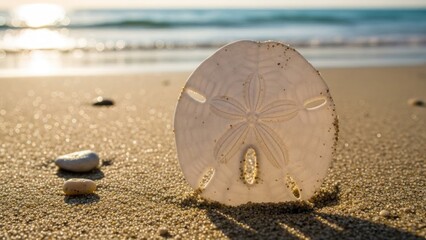A single sand dollar on a sandy beach with a blurred ocean in the background.