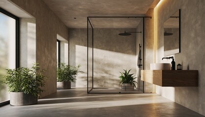 Modern Minimalist Bathroom Interior with Glass Walk-in Shower and Floating Wood Vanity; Good for interior design portfolios, home renovation blogs, and architectural magazines.