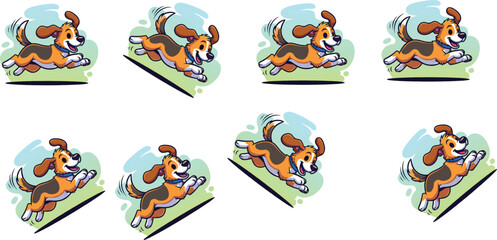Running dog animation frames, cartoon pet motion, canine movement sequence, playful puppy illustration, character design asset, vector storyboard graphics