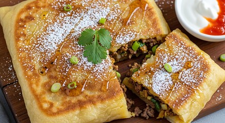 Delicious Moroccan Msemen Stuffed with Savory Ground Beef and Vegetables, Garnished with Fresh Herbs and Powdered Sugar.