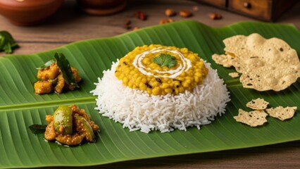 A plate of rice and lentil curry with garnishes and accompaniments on a banana leaf, with a side of papadums.