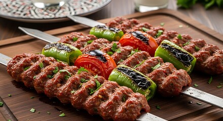 Grilled meat skewers with vegetables on wooden board, delicious food.