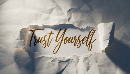Inspirational "Trust Yourself" Gold Script in Torn Paper; Ideal for motivational social media, self-help book covers, mindfulness app splash screens, and personal development branding.