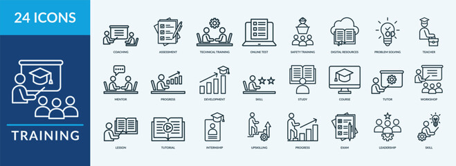 Training icon set. Containing coaching, assessment, mentor, problem solving and more. Outline vector icons collection