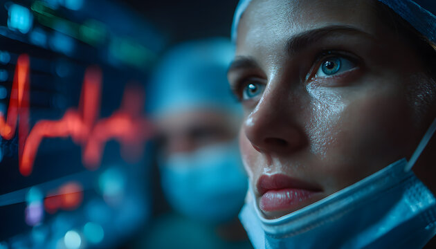 Anesthesiologist watches patient vitals on monitor during surgery. Medical team works in hospital operating room. Female doctor in scrubs, mask observes EKG cardiogram screen showing heartbeat pulse.