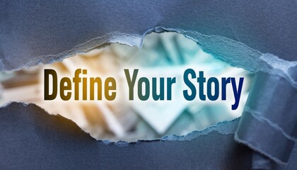 Conceptual "Define Your Story" Text Visible Through Ripped Paper Opening with Glowing Light; Suitable for creative writing branding, and personal development marketing