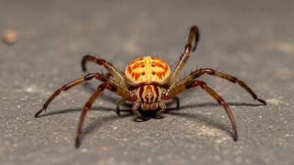 A spider with orange and black markings on a gray surface.