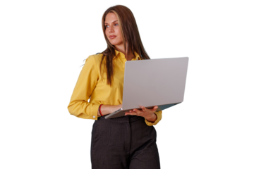 Businesswoman holding and using a laptop, looking away with a thoughtful expression. Transparent background
