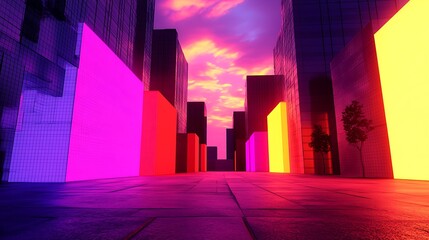 Vibrant urban cityscape at dusk with neon-lit modern buildings and a dramatic purple and orange sky.