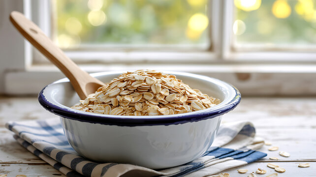Flaky rolled oats heaped in a white enamel bowl with a wooden spoon on a rustic kitchen table next to a sunny window for a healthy natural breakfast cereal meal - Powered by Adobe