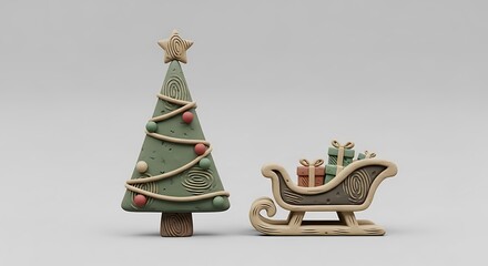 Christmas Tree and Sleigh with Gifts on a White Background.