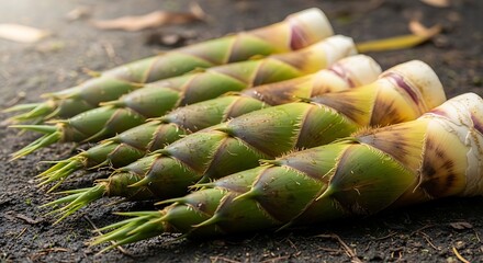 Freshly harvested bamboo shoots arranged on the ground, ready for cooking.