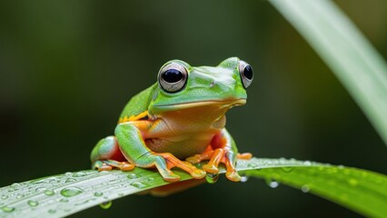 Obraz premium A green frog with large black eyes perched on a leaf with water droplets.
