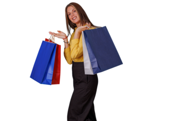 Woman holding various colorful shopping bags, celebrating a successful purchase and enjoying retail sales, isolated with transparent background