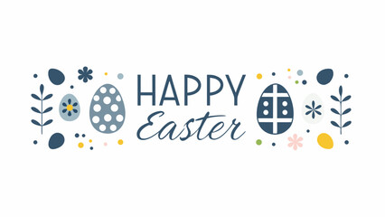 Happy easter greeting with decorative eggs flowers and branches in a charming pastel color palette on a white background
